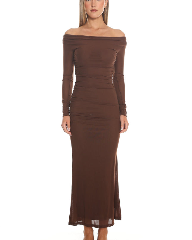 Chocolate Off Shoulder Mesh Maxi Dress