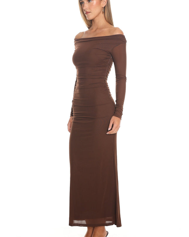 Chocolate Off Shoulder Mesh Maxi Dress