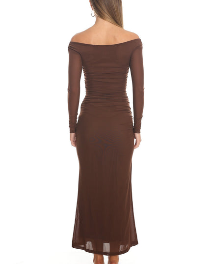 Chocolate Off Shoulder Mesh Maxi Dress