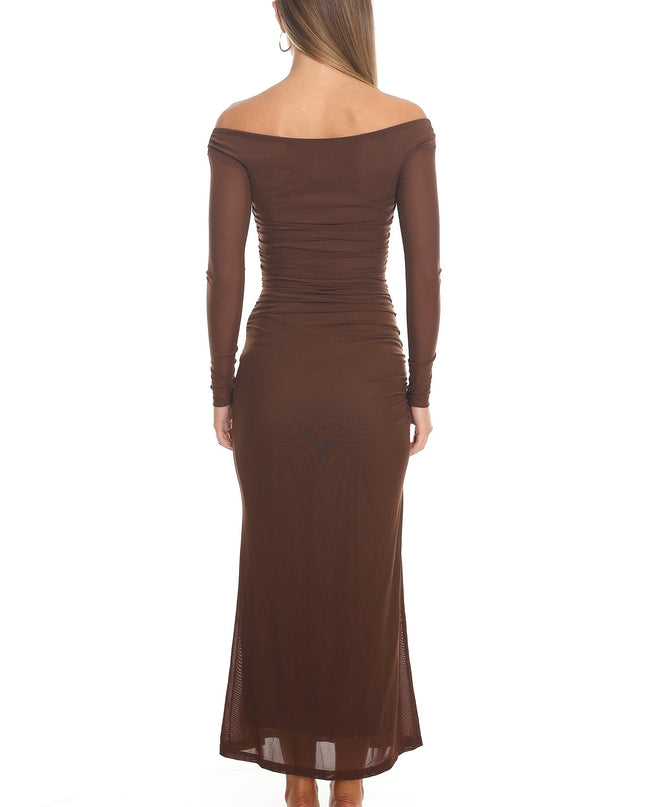 Chocolate Off Shoulder Mesh Maxi Dress