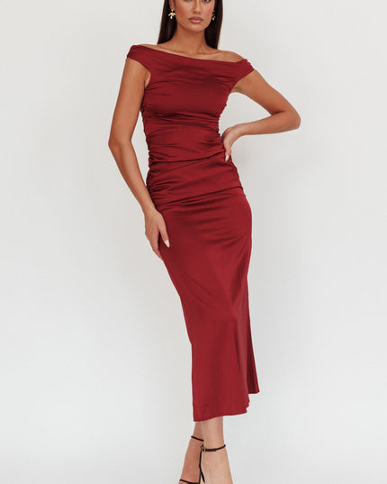 Wine Off Shoulder Satin Maxi Dress
