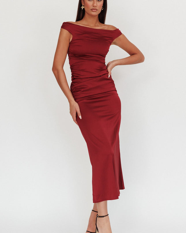 Wine Off Shoulder Satin Maxi Dress
