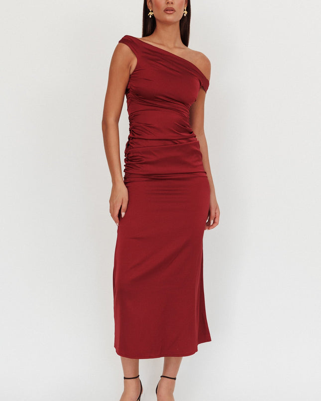 Wine Off Shoulder Satin Maxi Dress
