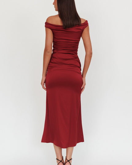 Wine Off Shoulder Satin Maxi Dress