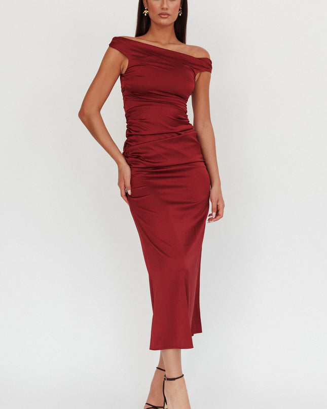 Wine Off Shoulder Satin Maxi Dress