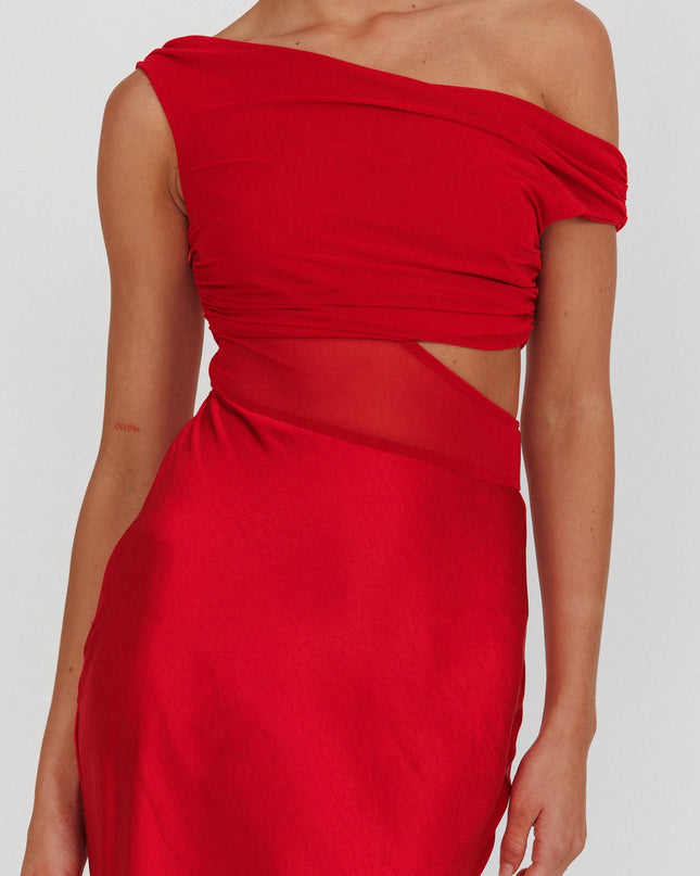 Wine Mesh Bodice Maxi Dress