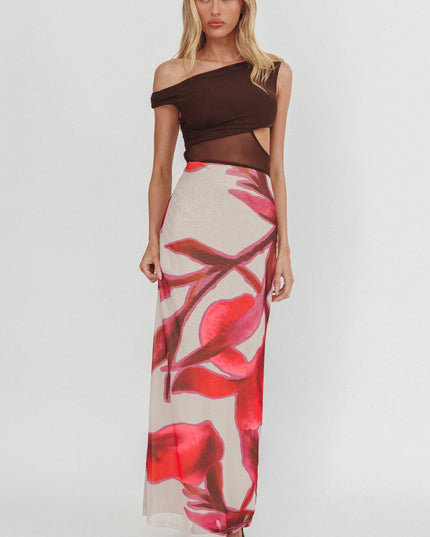Chocolate Mesh Bodice Maxi Dress Print