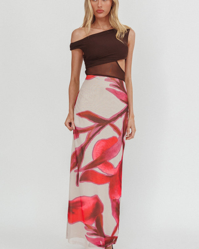 Chocolate Mesh Bodice Maxi Dress Print