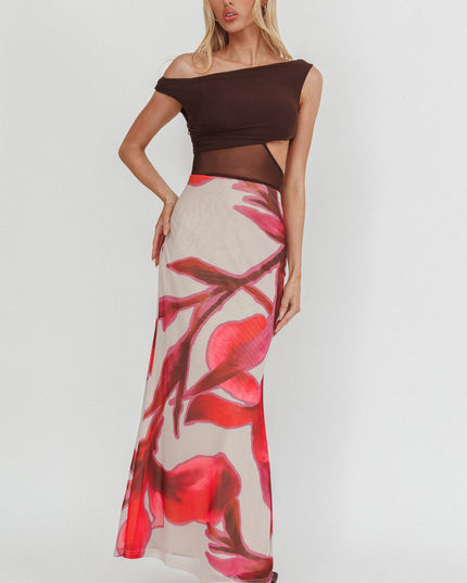 Chocolate Mesh Bodice Maxi Dress Print
