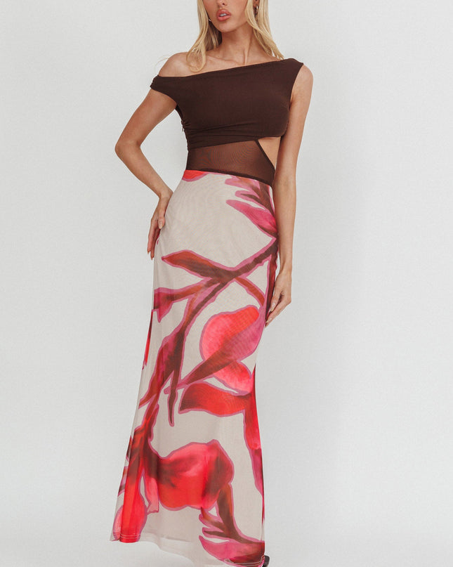 Chocolate Mesh Bodice Maxi Dress Print