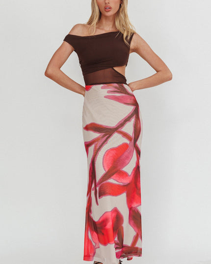 Chocolate Mesh Bodice Maxi Dress Print