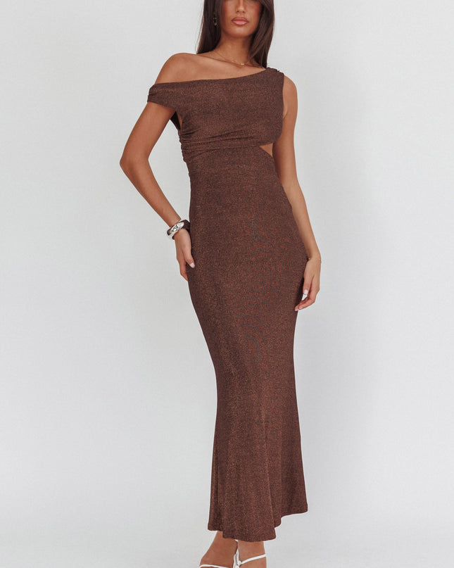 Chocolate Asymmetric Neckline Maxi Dress Shimmer