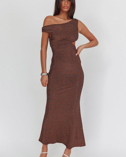 Chocolate Asymmetric Neckline Maxi Dress Shimmer