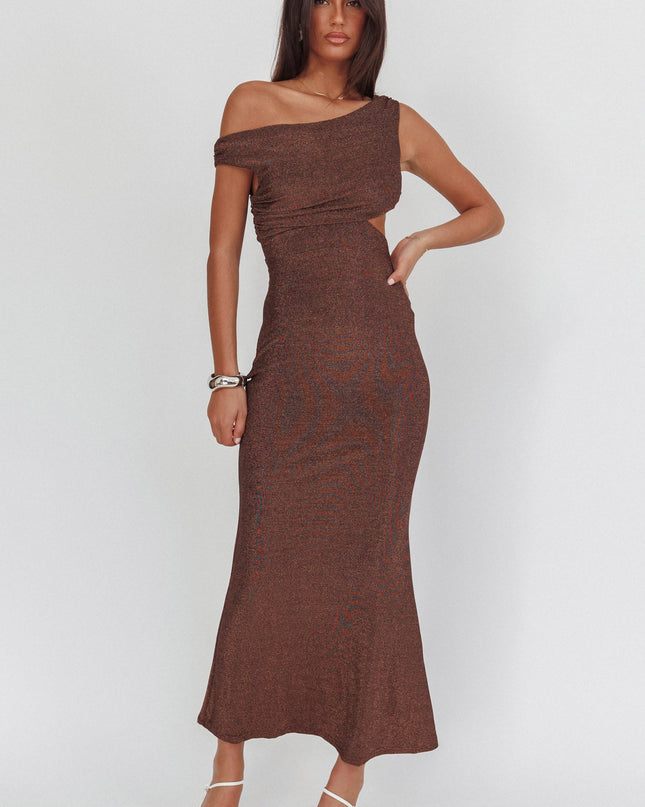 Chocolate Asymmetric Neckline Maxi Dress Shimmer