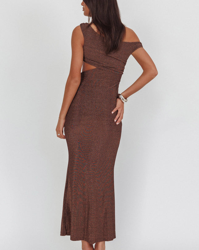 Chocolate Asymmetric Neckline Maxi Dress Shimmer
