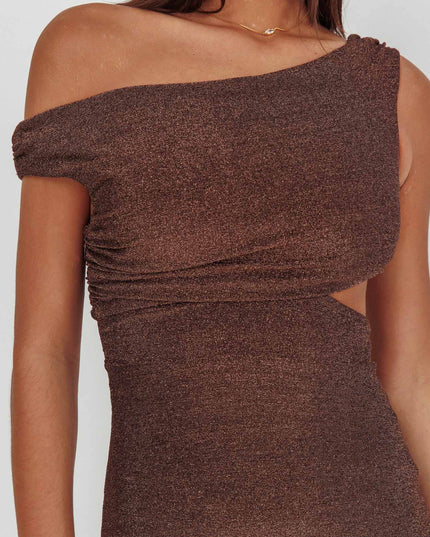 Chocolate Asymmetric Neckline Maxi Dress Shimmer