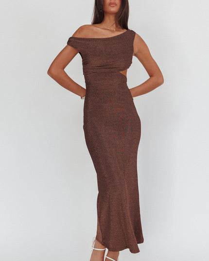 Chocolate Asymmetric Neckline Maxi Dress Shimmer