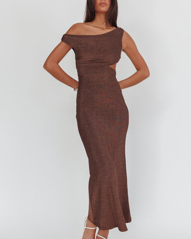 Chocolate Asymmetric Neckline Maxi Dress Shimmer