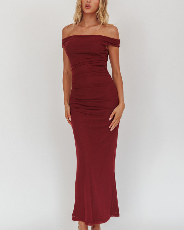 Wine Off Shoulder Mesh Midi Dress