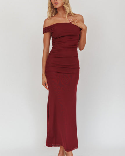 Wine Off Shoulder Mesh Midi Dress