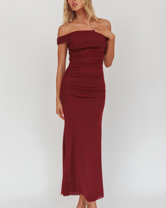 Wine Off Shoulder Mesh Midi Dress