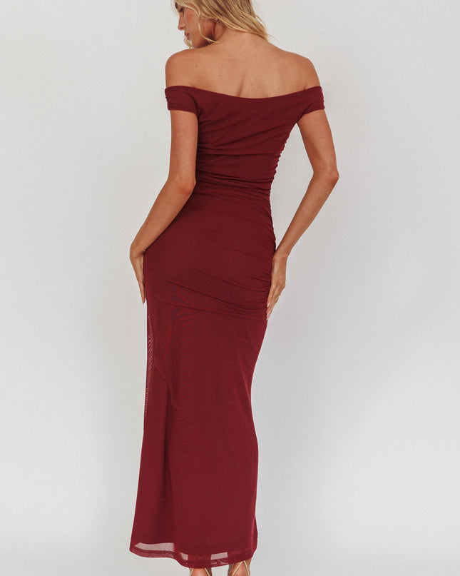 Wine Off Shoulder Mesh Midi Dress
