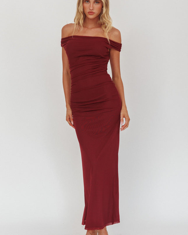 Wine Off Shoulder Mesh Midi Dress