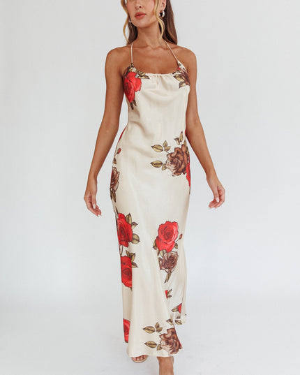 Beige Lace-Up Back Maxi Dress Floral