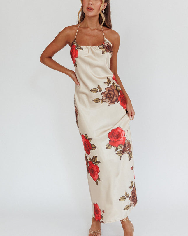Beige Lace-Up Back Maxi Dress Floral