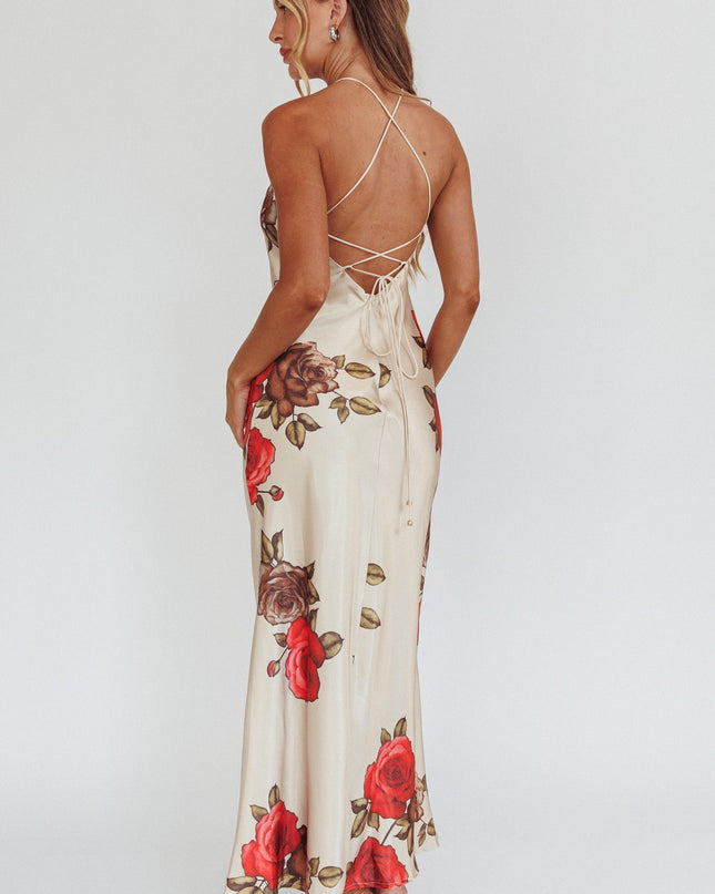 Beige Lace-Up Back Maxi Dress Floral