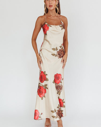 Beige Lace-Up Back Maxi Dress Floral