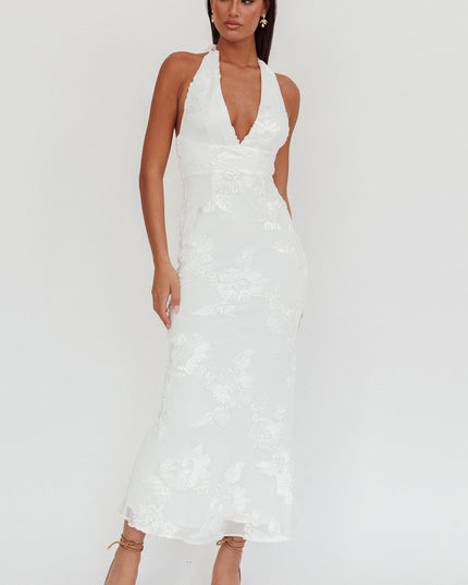 White Backless Halter Maxi Dress Embellished