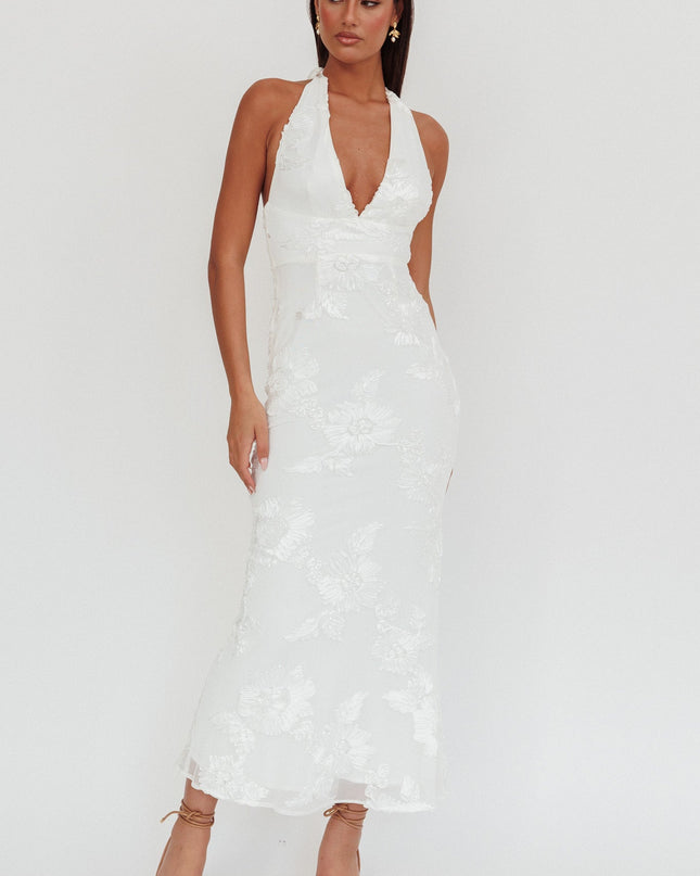 White Backless Halter Maxi Dress Embellished