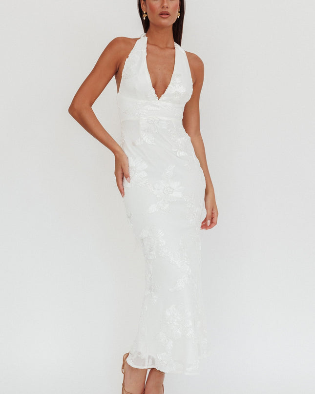 White Backless Halter Maxi Dress Embellished