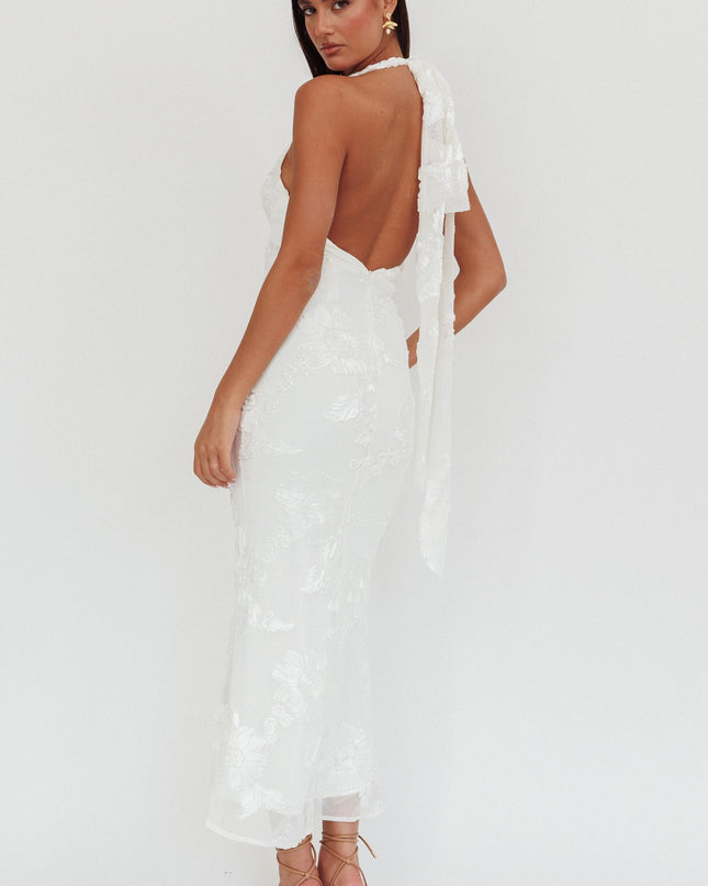 White Backless Halter Maxi Dress Embellished