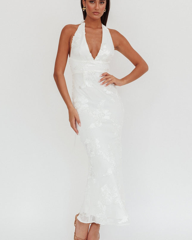 White Backless Halter Maxi Dress Embellished