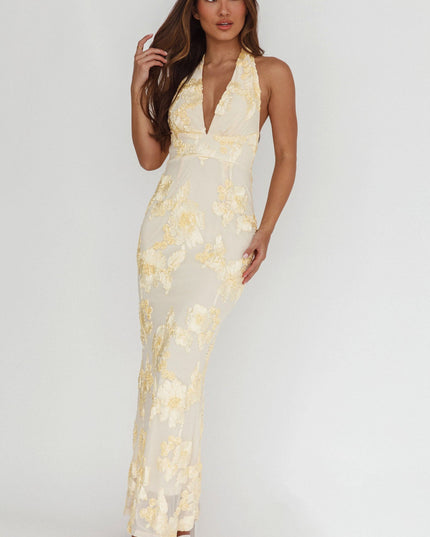 Yellow Backless Halter Maxi Dress Embellished