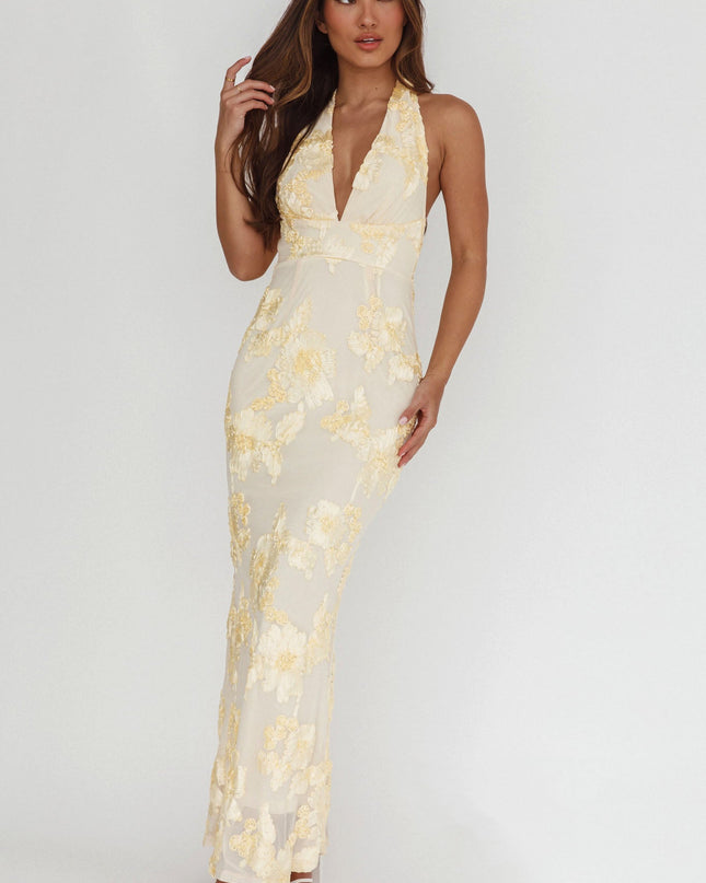 Yellow Backless Halter Maxi Dress Embellished