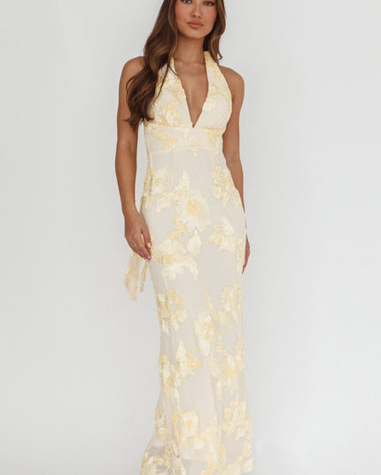 Yellow Backless Halter Maxi Dress Embellished