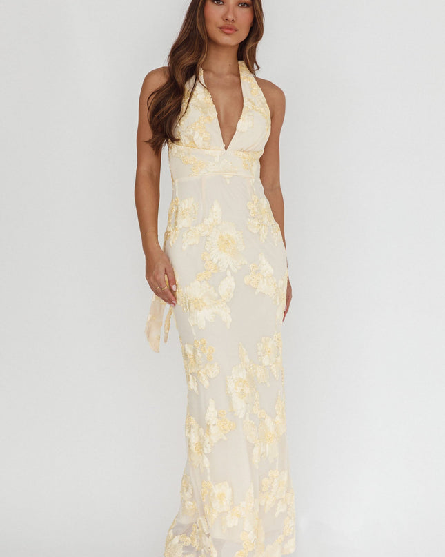Yellow Backless Halter Maxi Dress Embellished