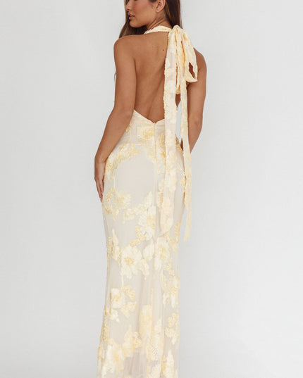 Yellow Backless Halter Maxi Dress Embellished