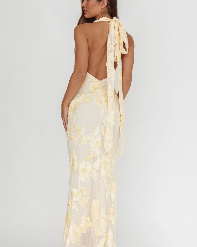 Yellow Backless Halter Maxi Dress Embellished