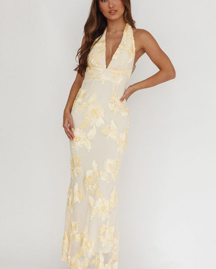 Yellow Backless Halter Maxi Dress Embellished