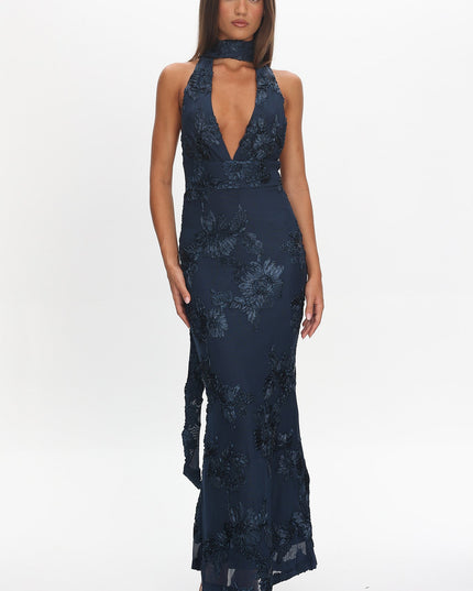 Navy Backless Halter Maxi Dress Embellished