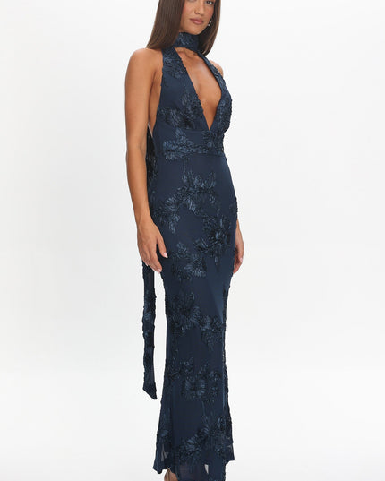 Navy Backless Halter Maxi Dress Embellished