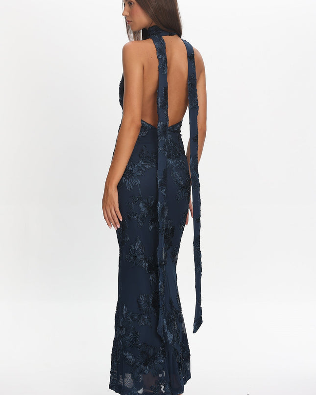 Navy Backless Halter Maxi Dress Embellished