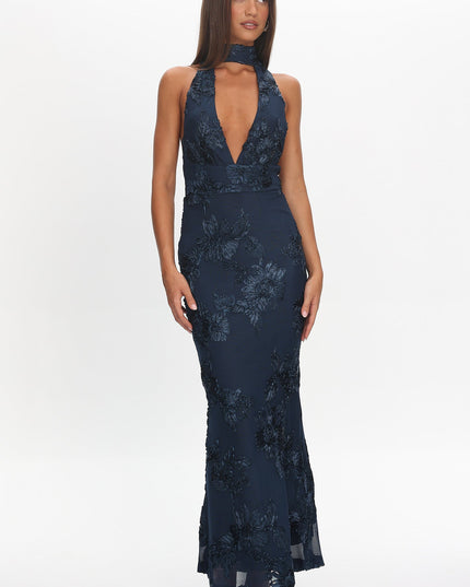 Navy Backless Halter Maxi Dress Embellished