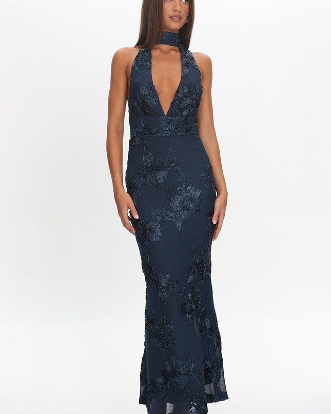 Navy Backless Halter Maxi Dress Embellished