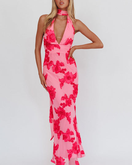 Pink Backless Halter Maxi Dress Embellished