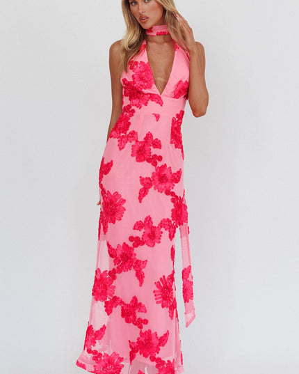 Pink Backless Halter Maxi Dress Embellished